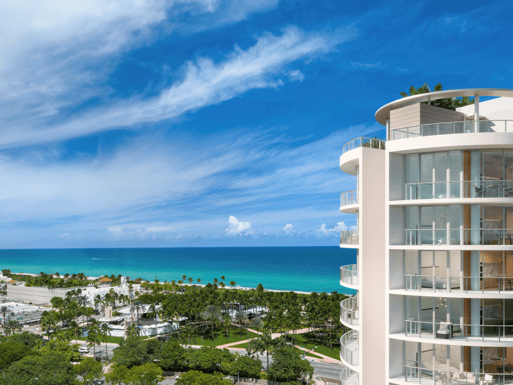 Modern Miami condo with panoramic ocean views and stylish balconies.