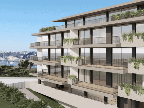 Contemporary Porto apartments with sea views, balconies, and lush plants.