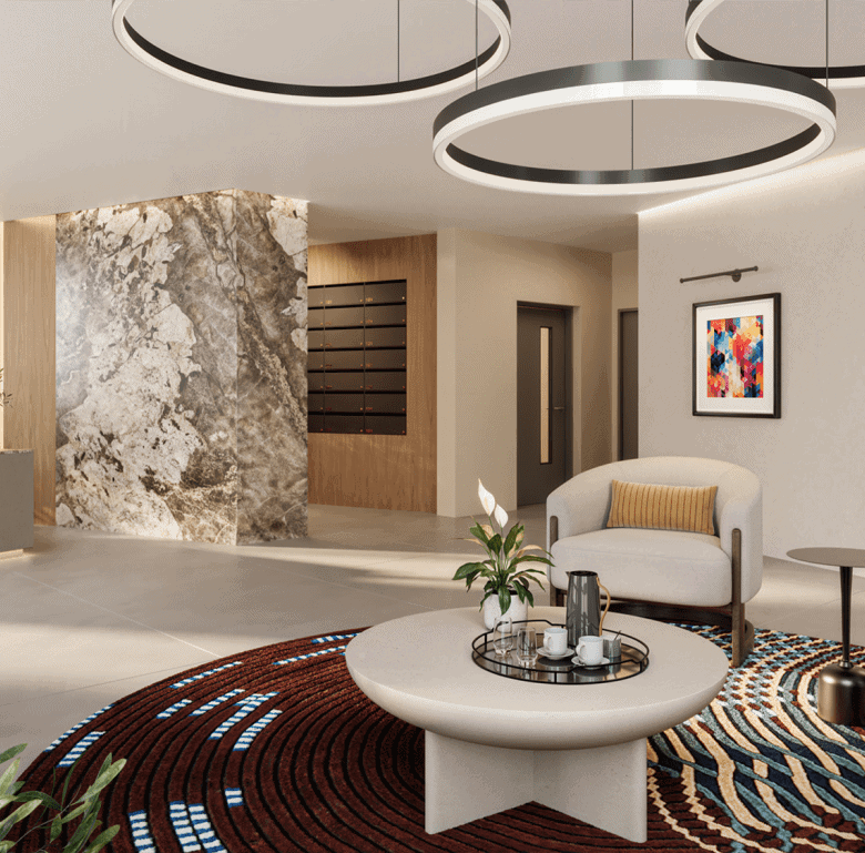 Elegant Woolwich Tower living room with modern design and cozy seating area.