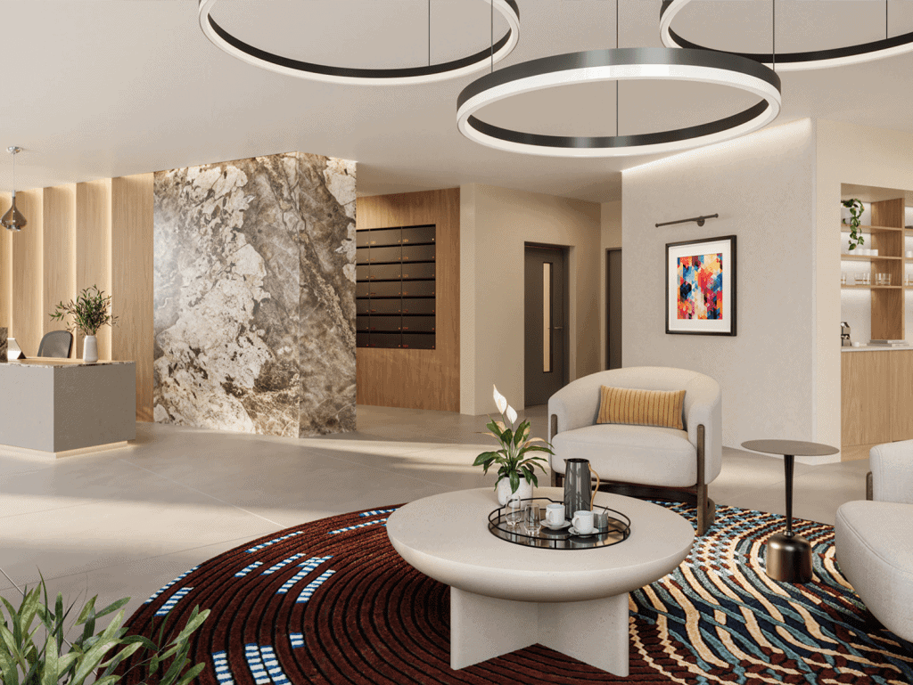 Elegant Woolwich Tower living room with modern design and cozy seating area.