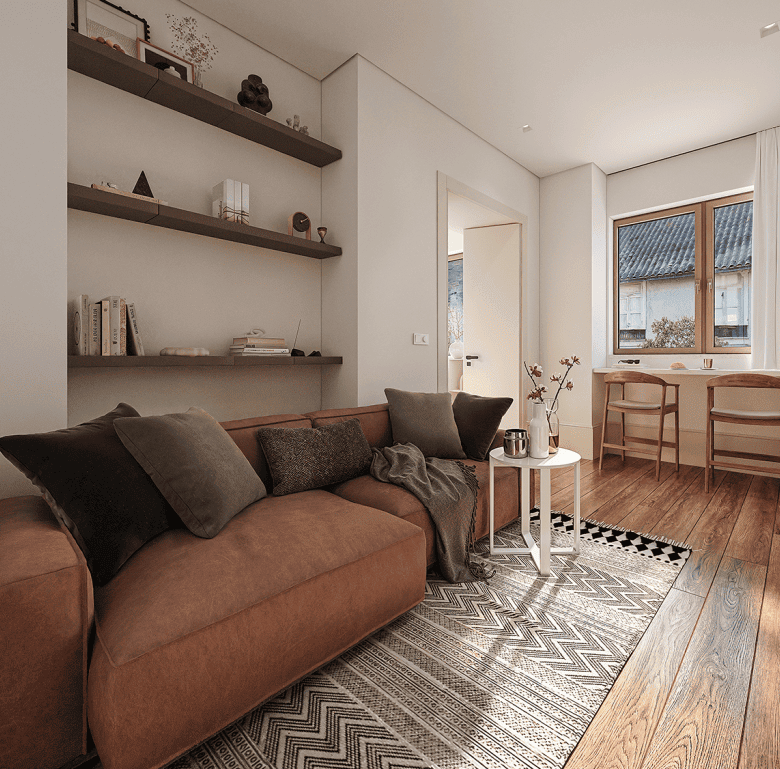Bright living room with large window and modern decor in Matosinhos, Portugal.