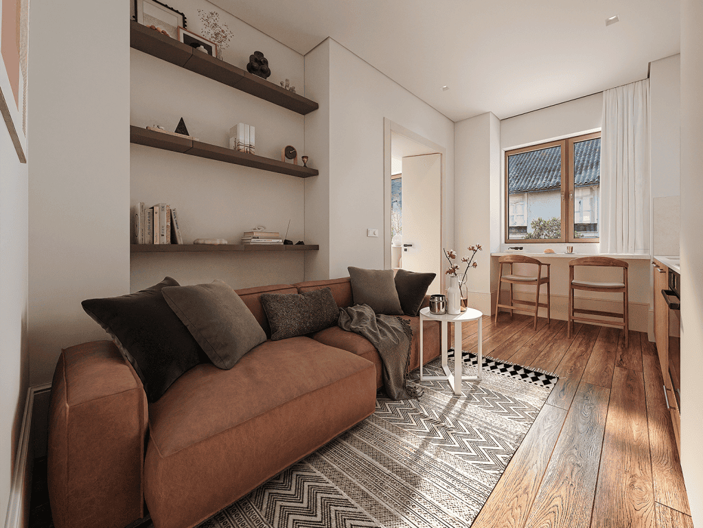 Bright living room with large window and modern decor in Matosinhos, Portugal.
