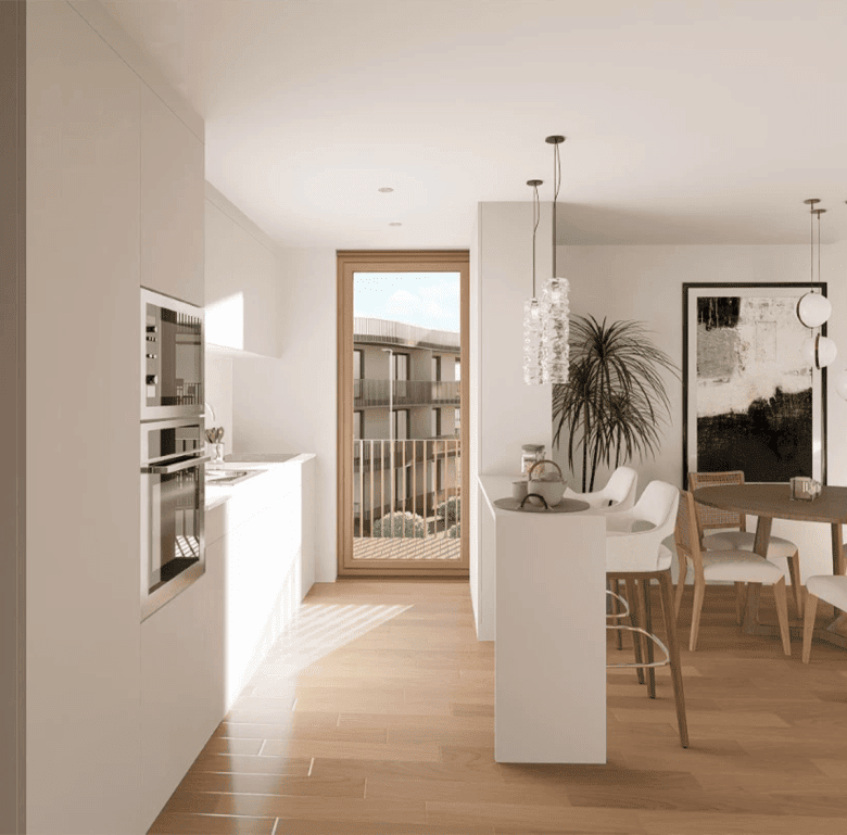 Bright, modern interior of a heritage property in Coimbra, Portugal with stylish decor and natural l.