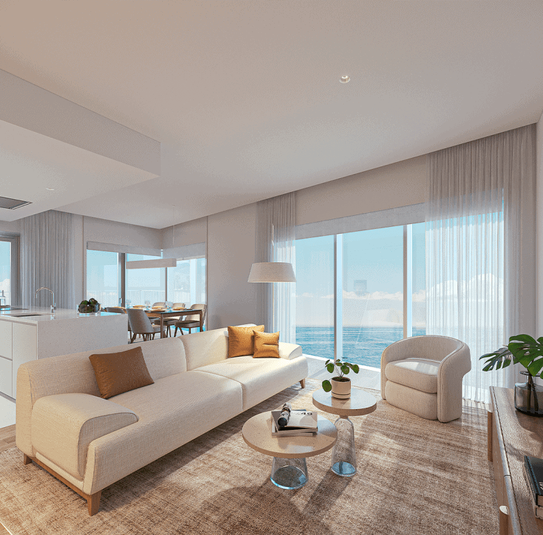 Bright, spacious interior with large windows overlooking the ocean.