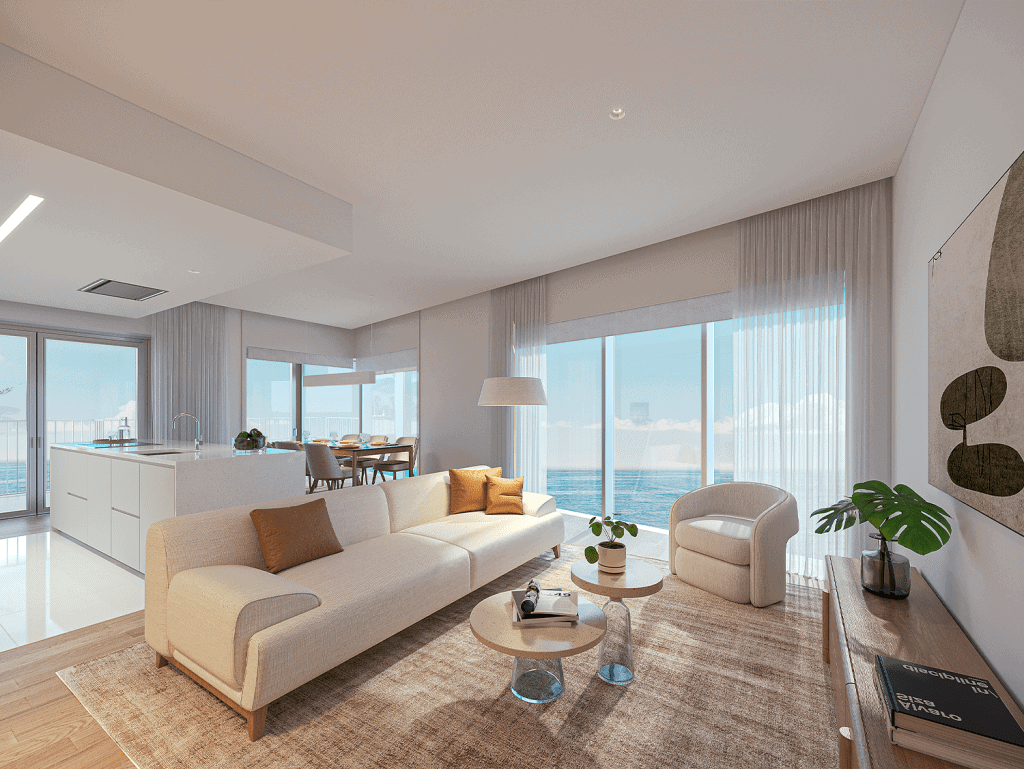Bright, spacious interior with large windows overlooking the ocean.
