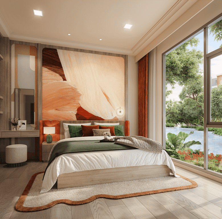 Luxurious bedroom in Phuket with pool view, natural light, and stylish decor.