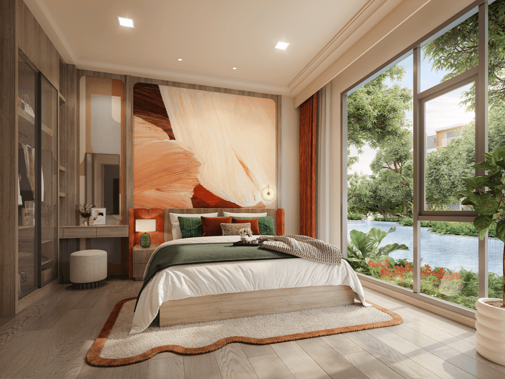 Luxurious bedroom in Phuket with pool view, natural light, and stylish decor.