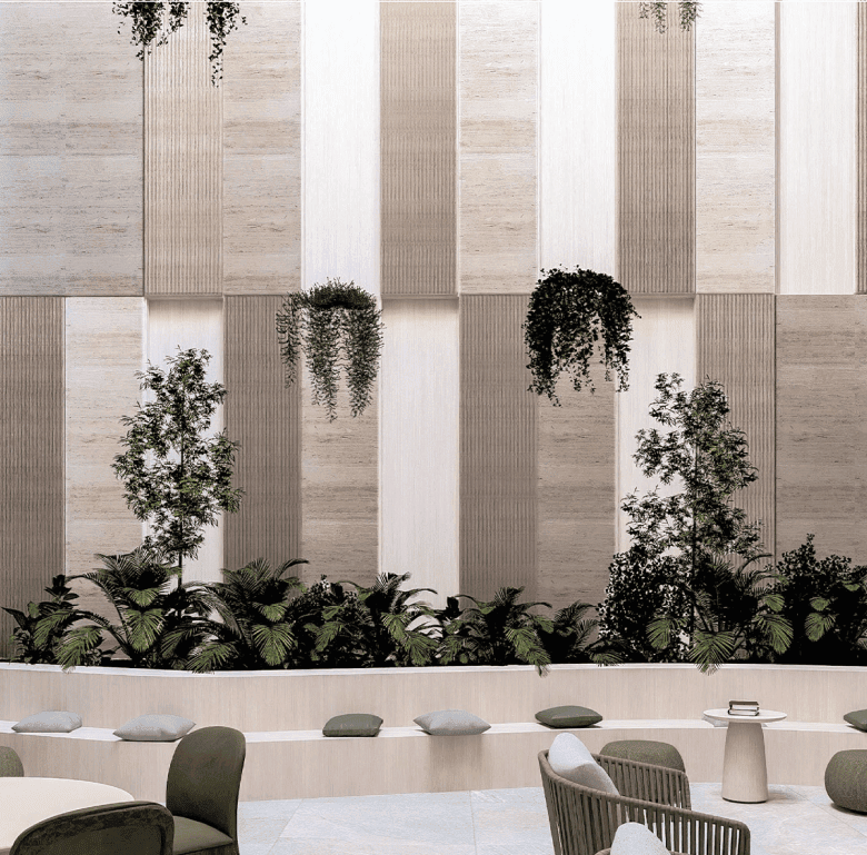 Indoor garden with greenery and natural light at The Edge, Panama City.