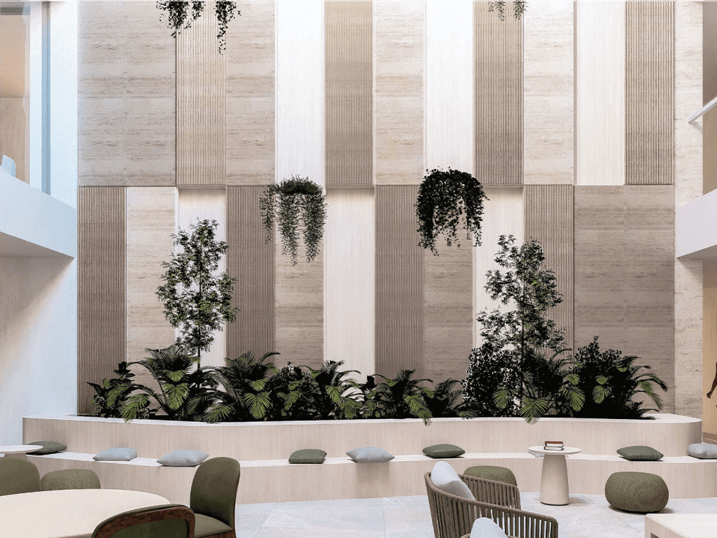 Indoor garden with greenery and natural light at The Edge, Panama City.