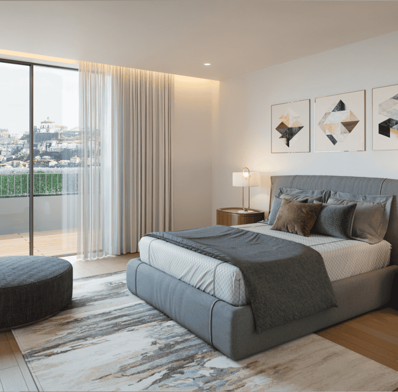 Modern bedroom with large window and city view in Porto.