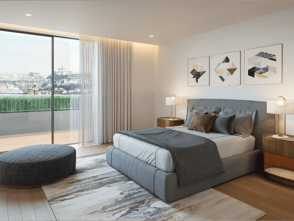 Modern bedroom with large window and city view in Porto.