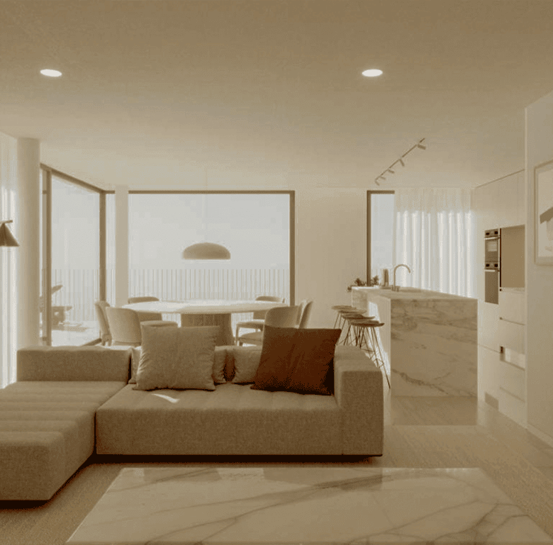 Modern living room with sea view in Porto, Portugal.
