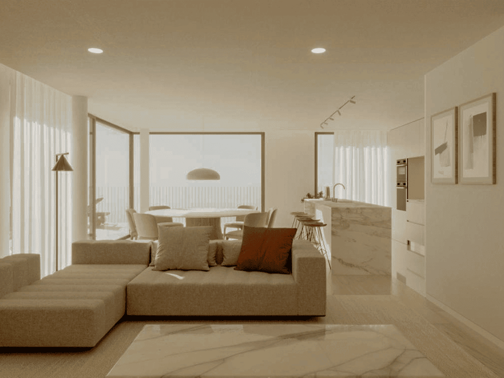 Modern living room with sea view in Porto, Portugal.