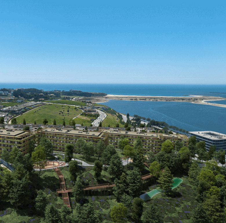 Scenic view of Marina Douro in Porto, Portugal, with lush greenery and modern buildings.