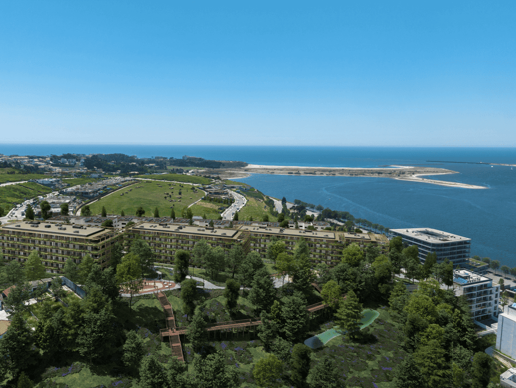 Scenic view of Marina Douro in Porto, Portugal, with lush greenery and modern buildings.