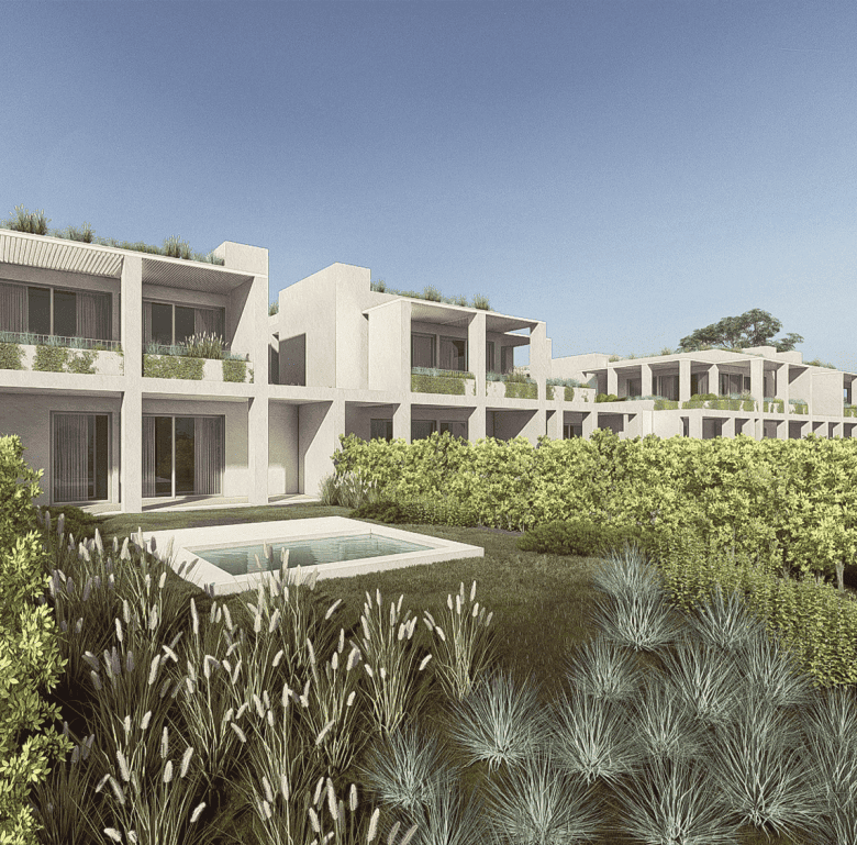 Contemporary villas in Ferragudo Village, Algarve, Portugal with lush gardens and scenic views.