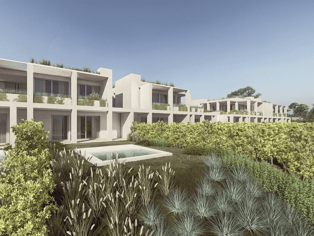 Contemporary villas in Ferragudo Village, Algarve, Portugal with lush gardens and scenic views.