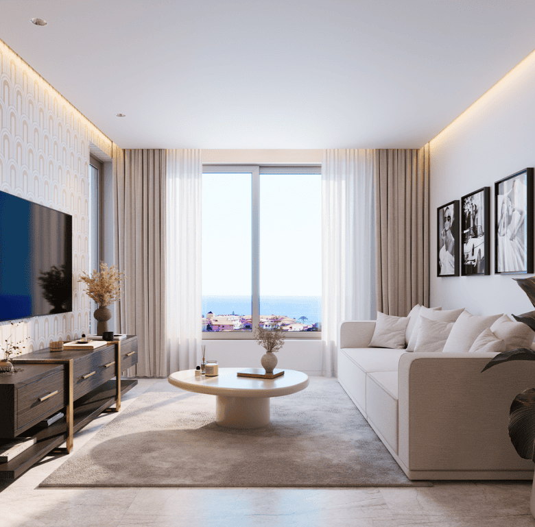 Bright living room with large window overlooking the ocean in Ribeira Brava, Madeira.