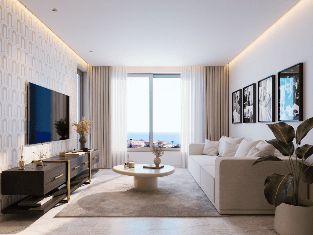 Bright living room with large window overlooking the ocean in Ribeira Brava, Madeira.