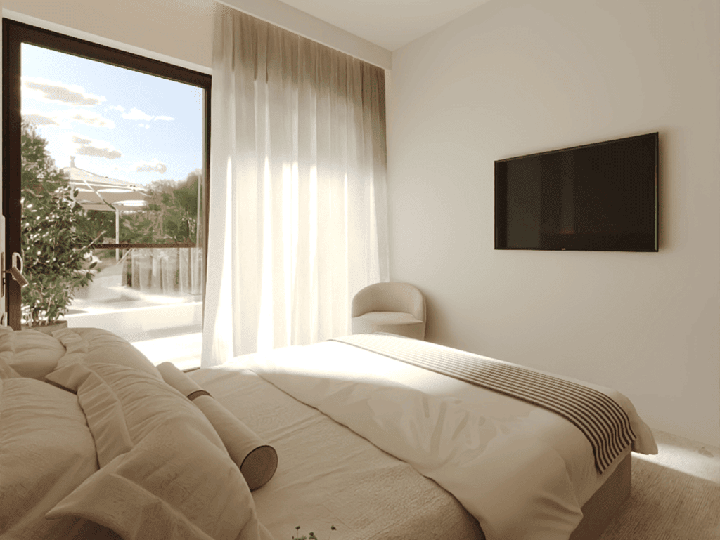Bright bedroom with large window overlooking outdoor terrace in Algarve, Portugal.