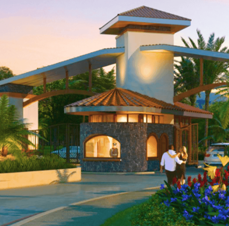 Arenal Hills entrance in La Fortuna, Costa Rica with lush greenery and modern architecture.