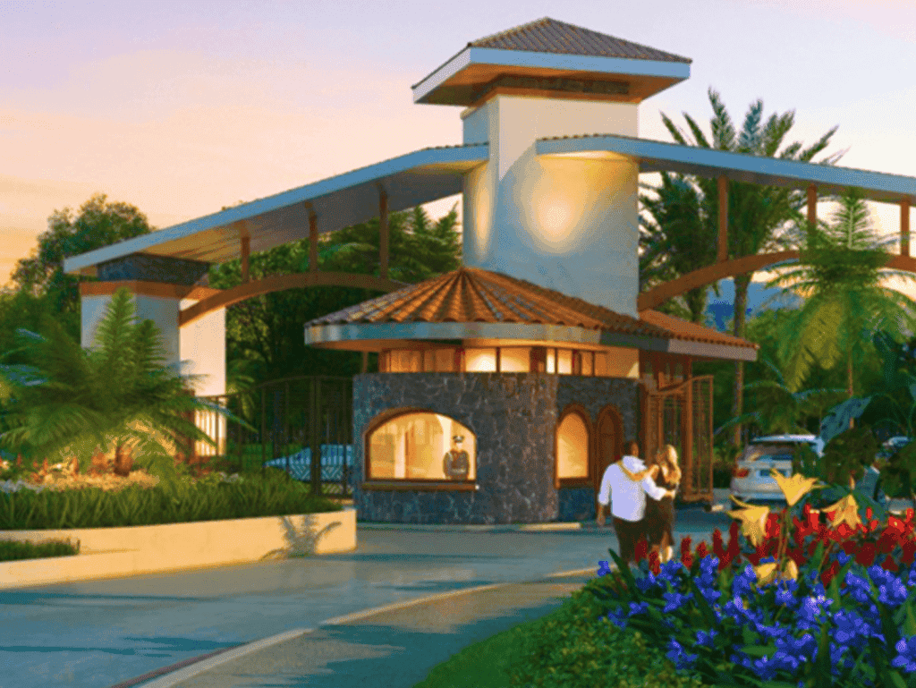 Arenal Hills entrance in La Fortuna, Costa Rica with lush greenery and modern architecture.