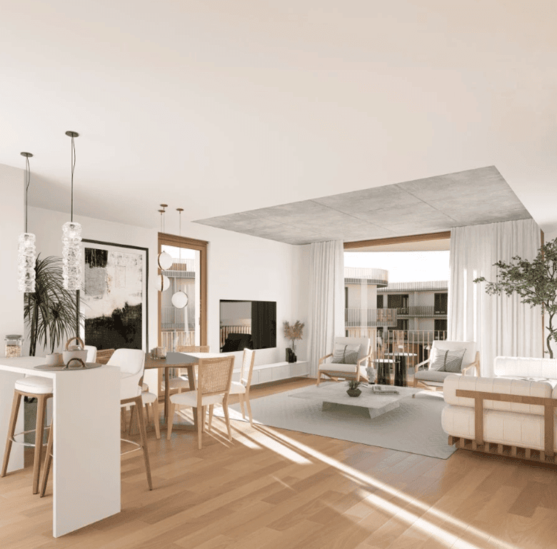 Bright, modern interior of a heritage property in Coimbra with stylish furniture and natural light.