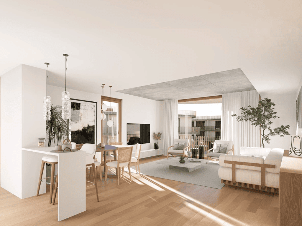 Bright, modern interior of a heritage property in Coimbra with stylish furniture and natural light.