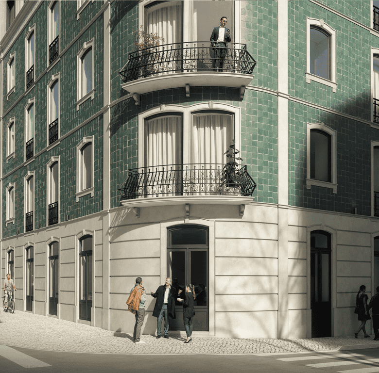 Modern Lisbon apartment building with green tiled facade and balconies.