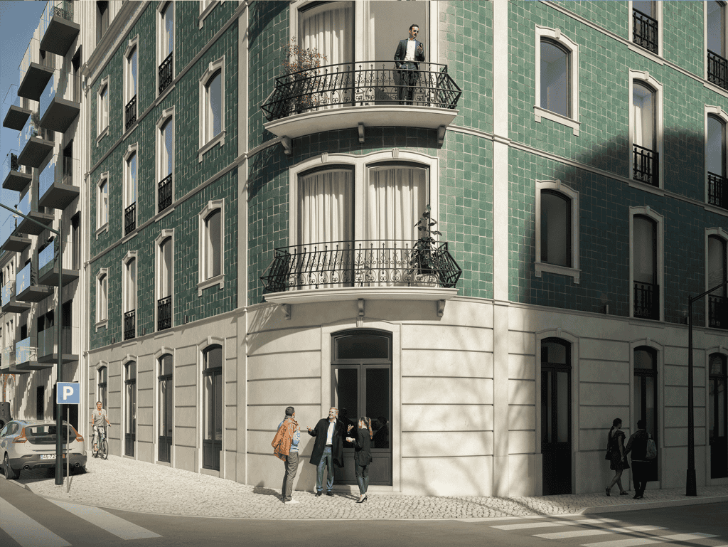 Modern Lisbon apartment building with green tiled facade and balconies.