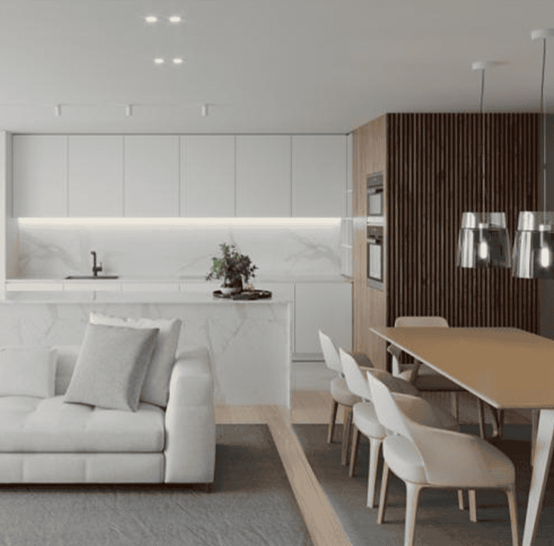 Elegant living room and dining space in Douro Atlantico, Porto, Portugal.