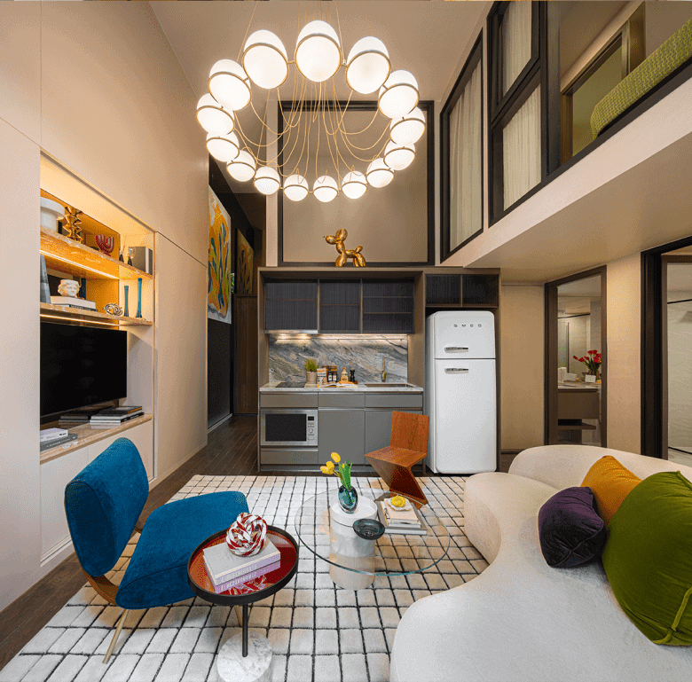 Modern living room with stylish furniture and lighting in Bangkok, Thailand.