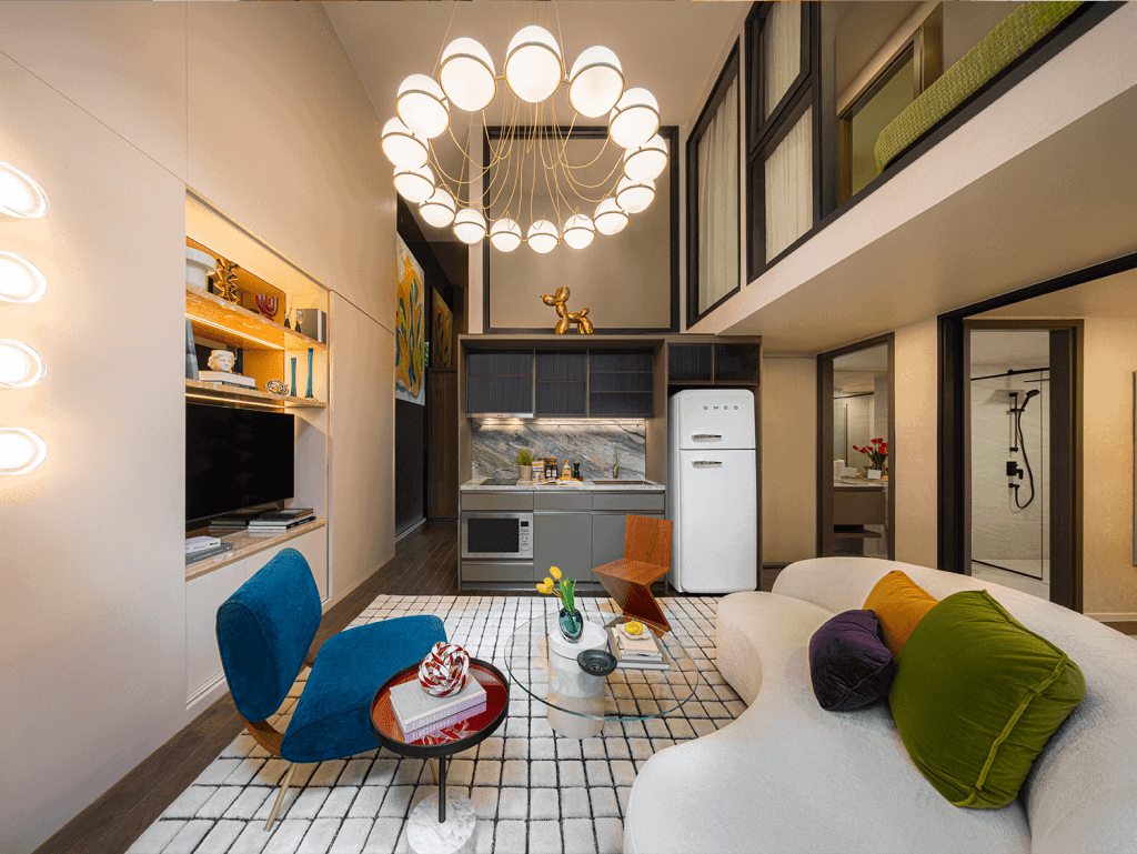 Modern living room with stylish furniture and lighting in Bangkok, Thailand.