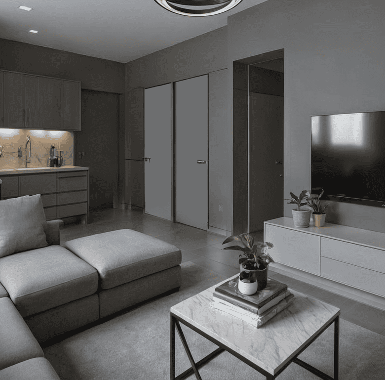 Contemporary interior design with sleek furniture and minimalist decor at Portside Residences, Athen.