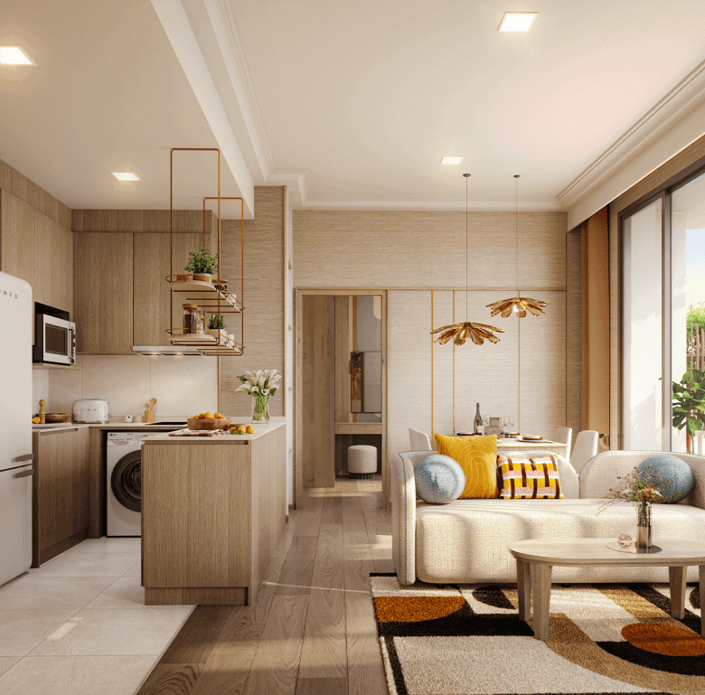 Bright, modern Phuket apartment with open-plan living and large balcony.