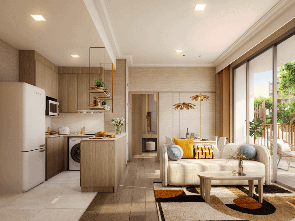Bright, modern Phuket apartment with open-plan living and large balcony.