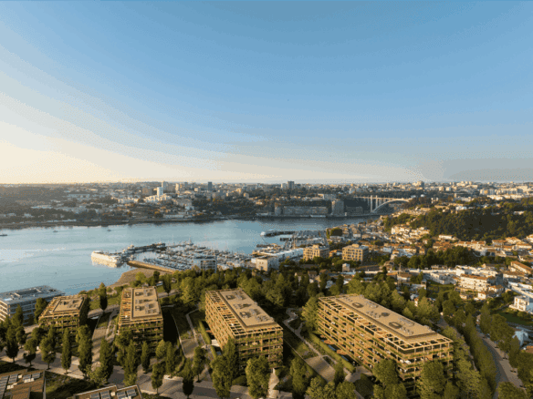 Marina Douro in Porto, Portugal, with modern residential buildings and scenic river views.