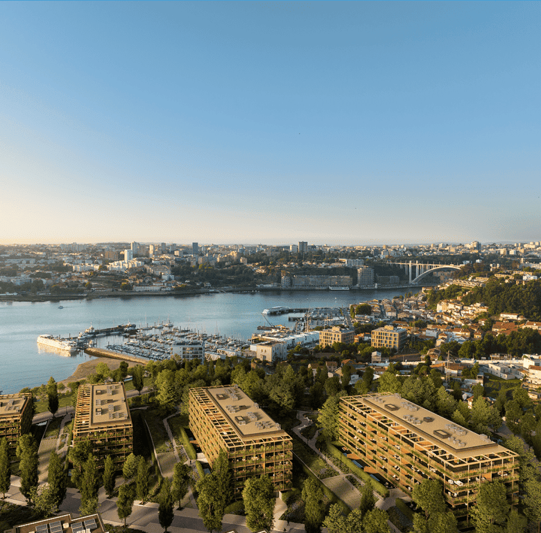 Marina Douro in Porto, Portugal, with modern residential buildings and scenic river views.