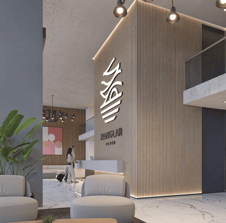 Elegant hotel lobby with contemporary design, stylish seating, and ambient lighting in Punta del Est.