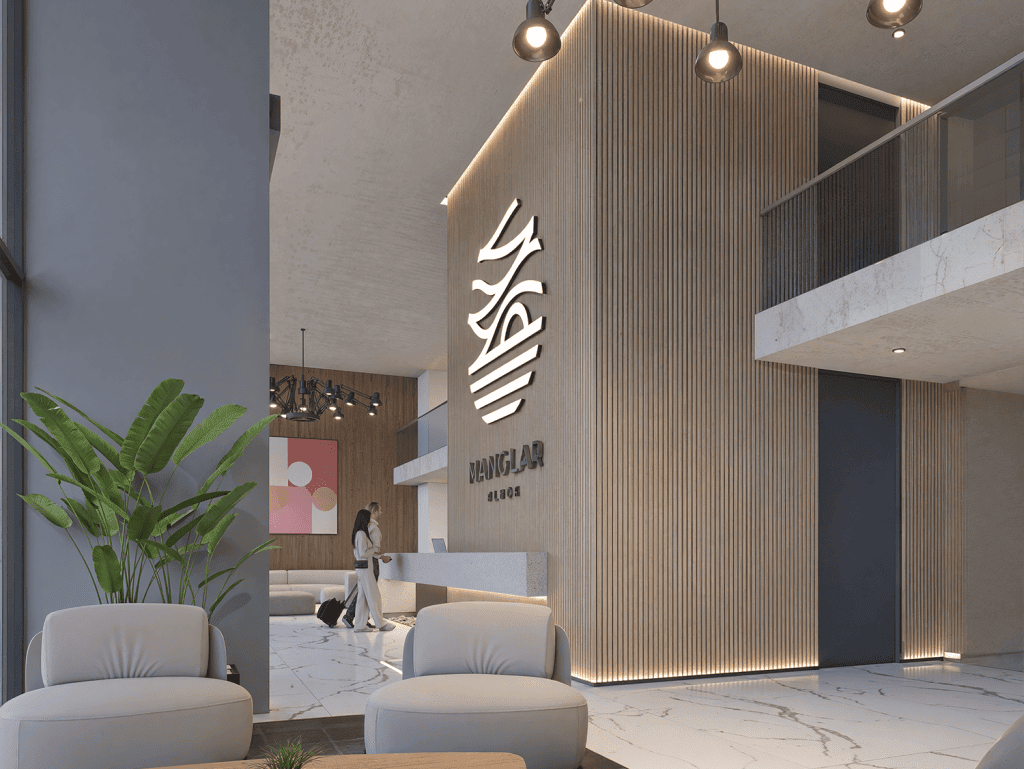 Elegant hotel lobby with contemporary design, stylish seating, and ambient lighting in Punta del Est.