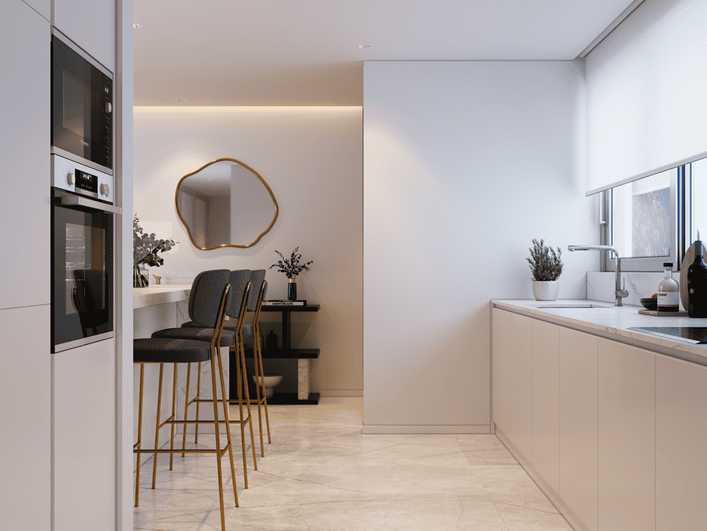 Modern kitchen and dining area in Ribeira Brava, Madeira, Portugal, featuring sleek design and natur.