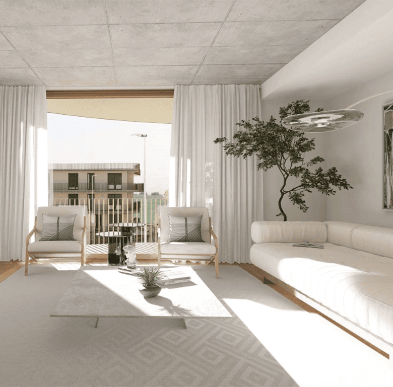 Modern heritage-style living room in Coimbra, Portugal with natural light and elegant decor.