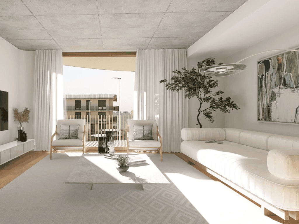 Modern heritage-style living room in Coimbra, Portugal with natural light and elegant decor.