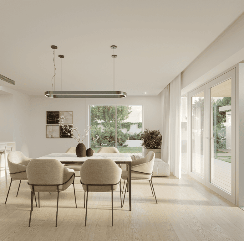 Spacious living area in Sal D'ouro, Porto, Portugal, featuring large glass doors and contemporary fu.