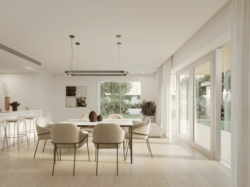 Spacious living area in Sal D'ouro, Porto, Portugal, featuring large glass doors and contemporary fu.