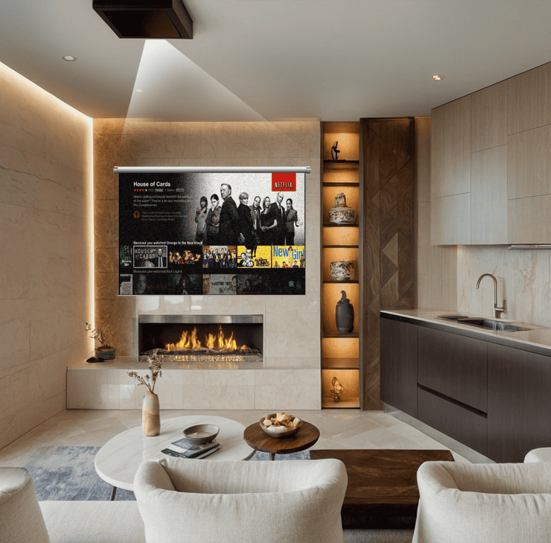 Stylish interior of a contemporary Athens residence featuring a cozy fireplace and sleek entertainme.