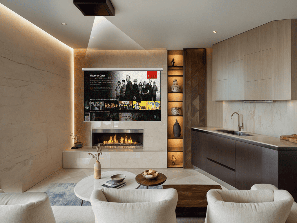 Stylish interior of a contemporary Athens residence featuring a cozy fireplace and sleek entertainme.