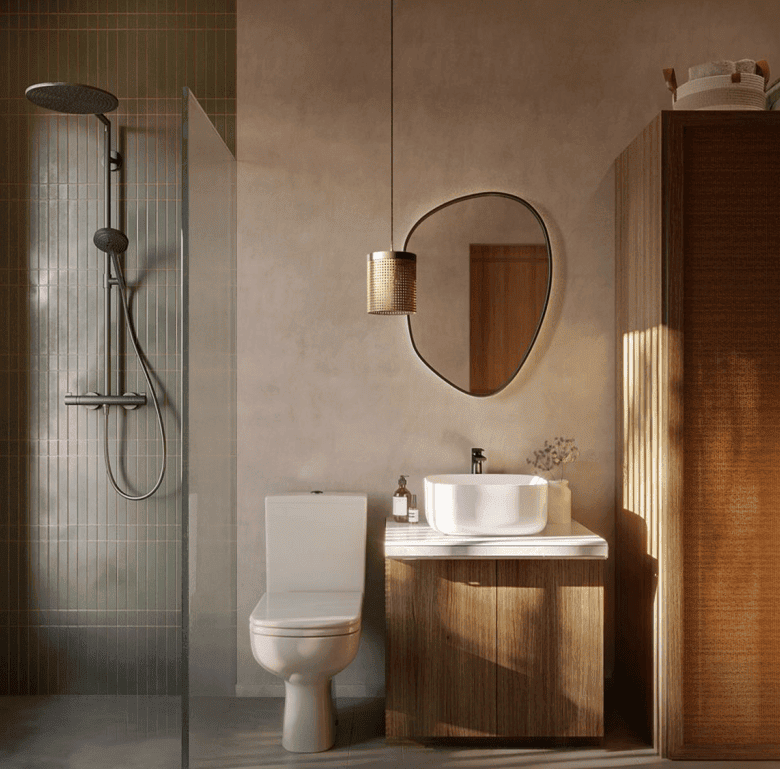 Stylish bathroom featuring a walk-in shower, toilet, and contemporary vanity with a round mirror.