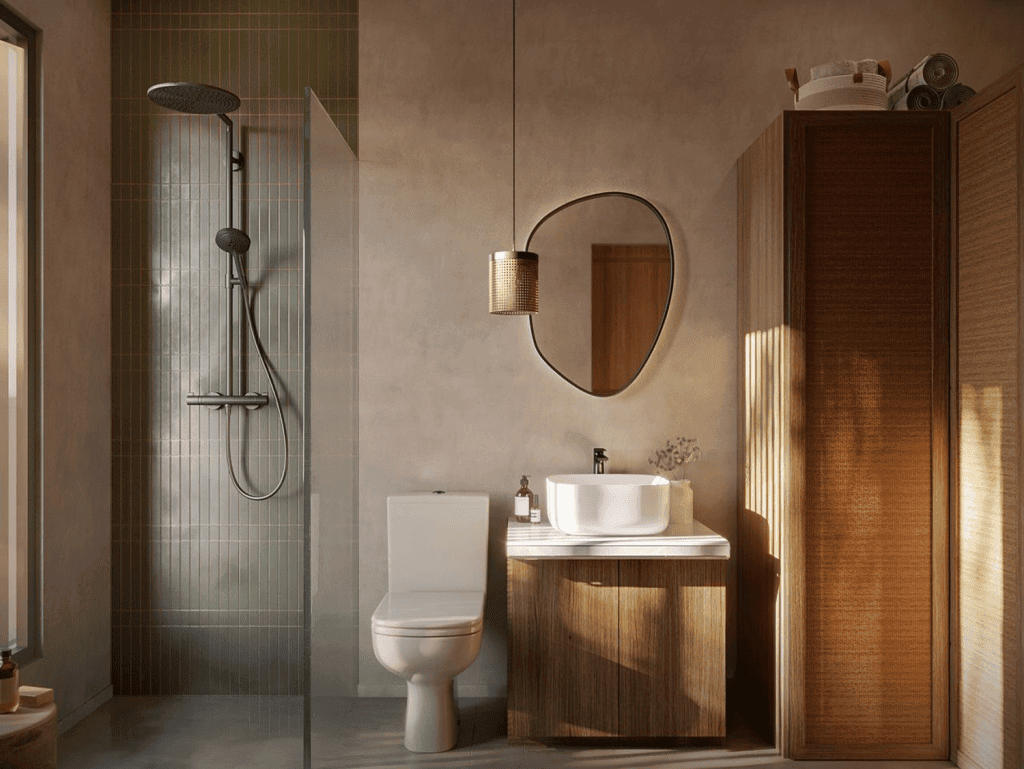 Stylish bathroom featuring a walk-in shower, toilet, and contemporary vanity with a round mirror.