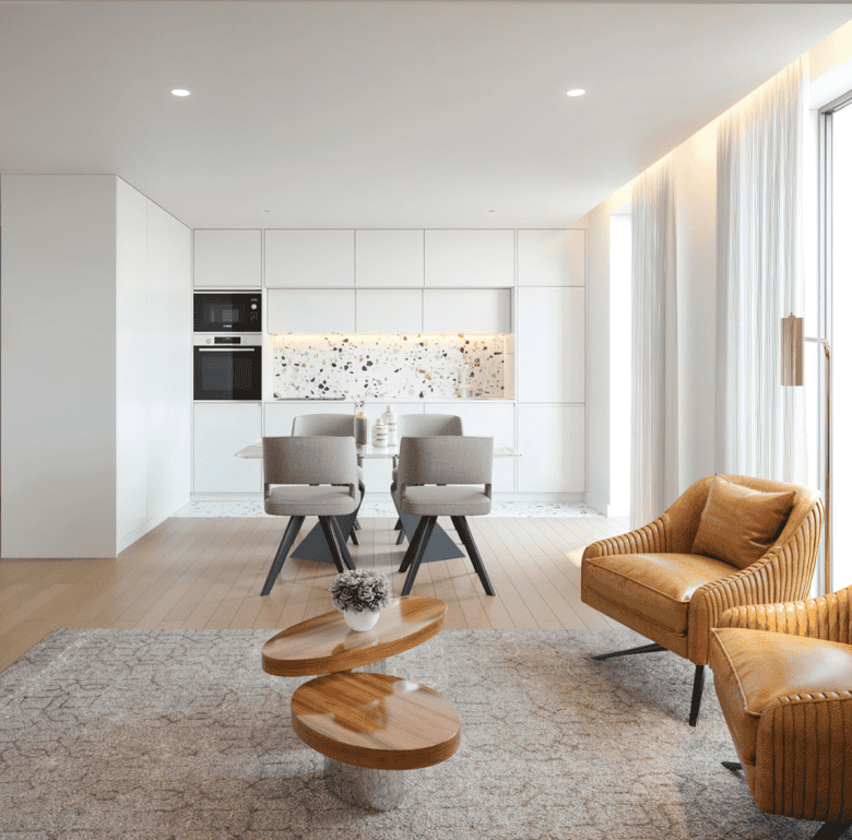 Modern Porto apartment interior with open-plan kitchen and living area.